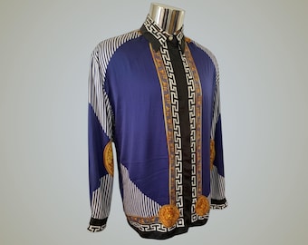90s Vintage Baroque Blue Silk Print Long Sleeves Medusa Men's Button Down Shirt Italian Designer