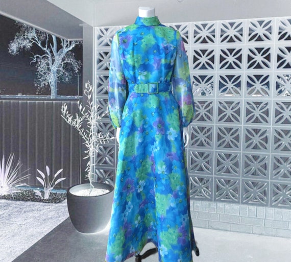 70s Vintage Bright Blue Floral Print Belted Gown Sheer Chiffon 