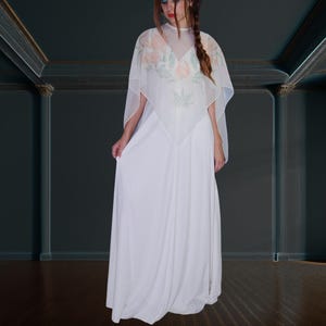 70s Vintage Maxi White Dress W/ Detachable Sheer Chiffon Capelet 1970s Sleeveless Ivory Boho Gown Simple Angelic V Neck Romantic Hippie