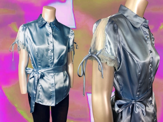 90's Short Sleeves Satin Metallic Baby Blue Colla… - image 2