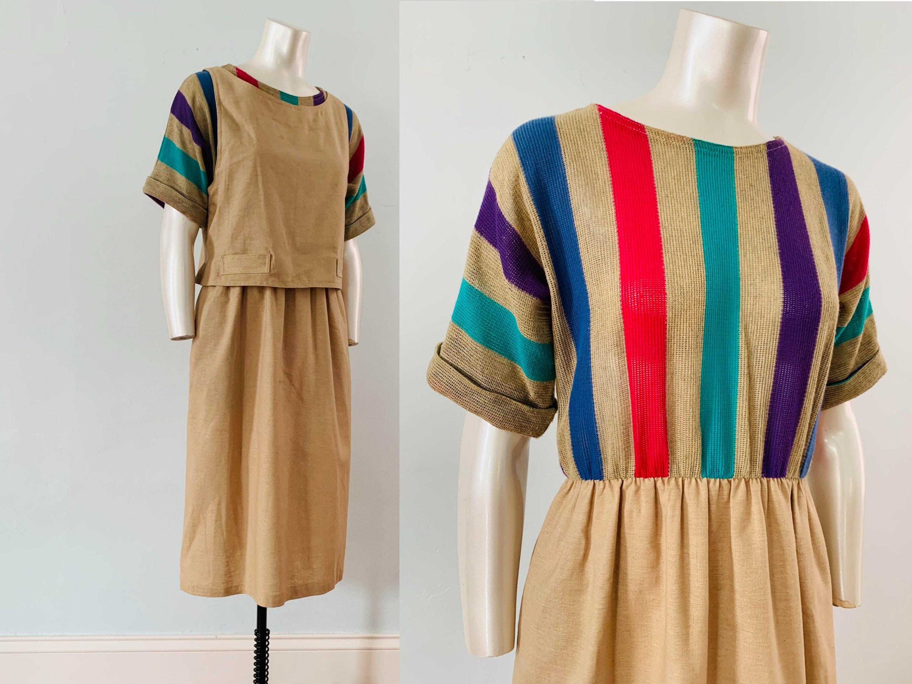 80s Vintage Striped Burlap Dress Tank Top Set Earthy Colors