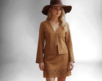 90s Suede Jacket & Skirt Southwestern Brown With Geometric Beading 2-Pc Camel Set 1990’s Fall Outfit For Festivals Vintage Cache Small