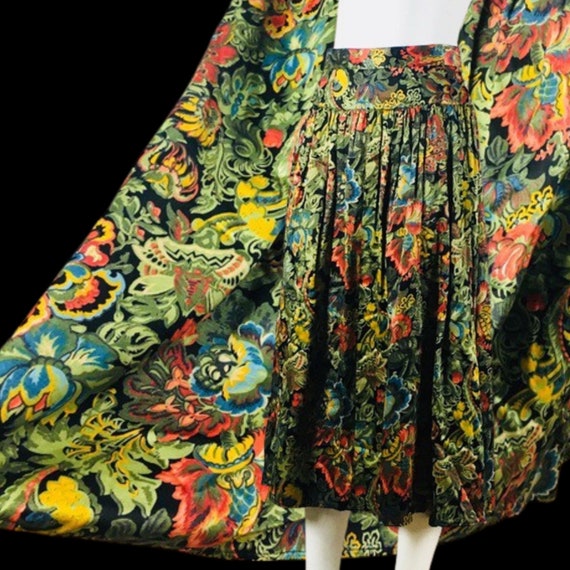 80's Benetton Green Pleated Floral Skirt Vintage … - image 1