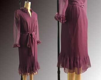 60's Vintage Purple Pleated Chiffon Dress With Permanent Pleats & Frills Miss Elliette