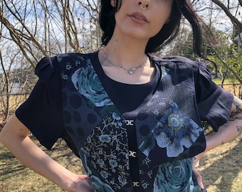 90er Vintage Grunge Floral Kleid mit angenähter Weste Blau Grün Patchwork Deadstock