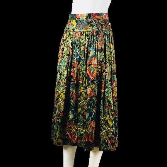 80's Benetton Green Pleated Floral Skirt Vintage … - image 5