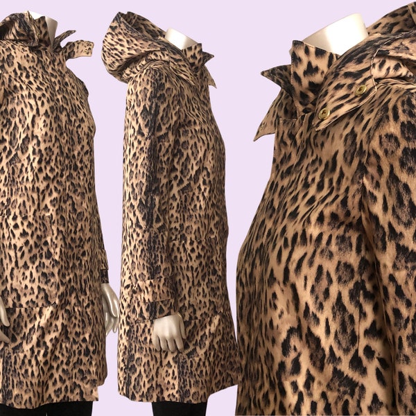 vintage J. Crew Animal Print Manteau imperméable Cheetah Trench avec capuche amovible Petit