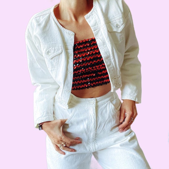 80's Vintage White Sequined Denim Jacket And Shor… - image 2