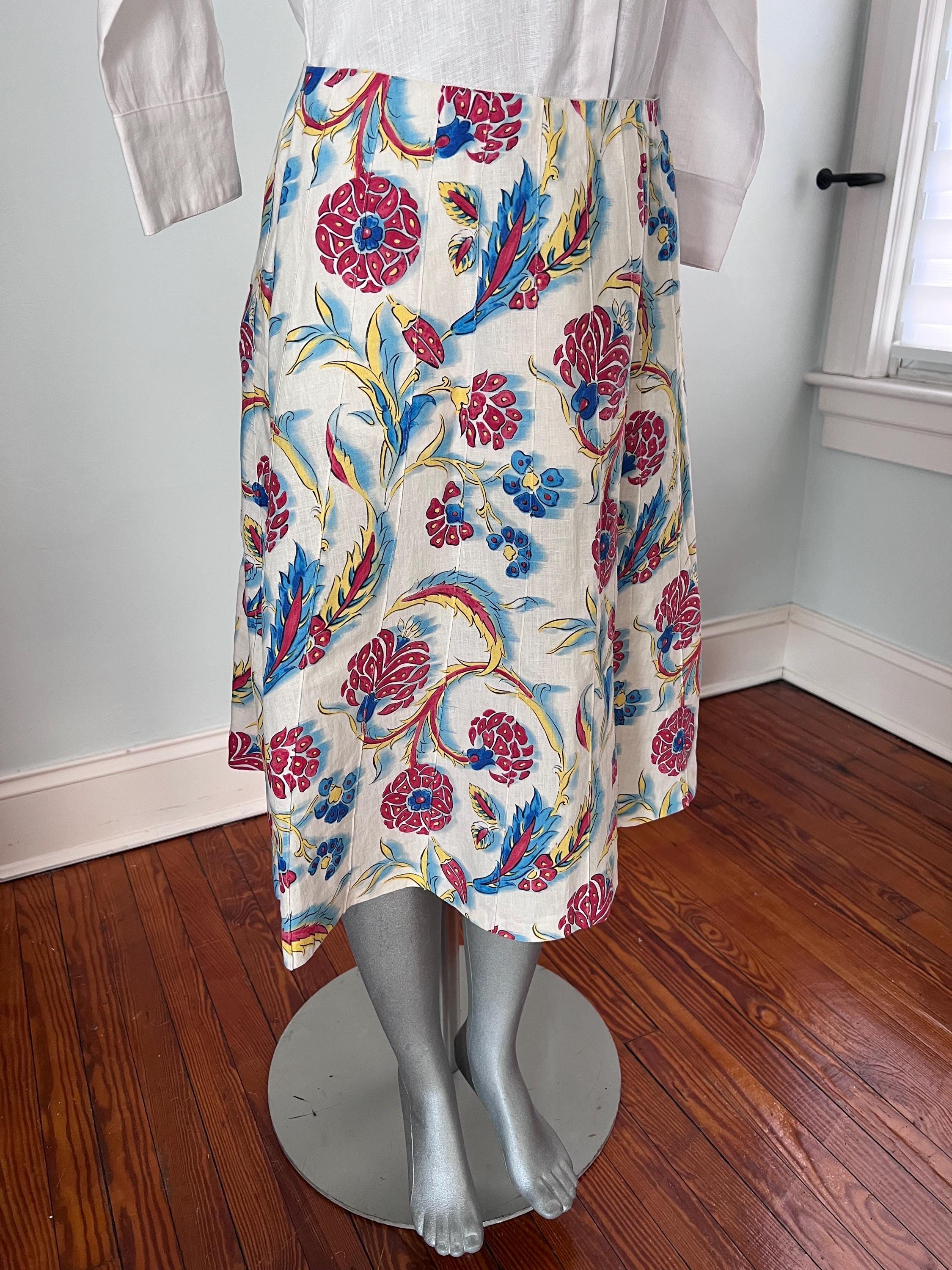 Vintage Celine Linen Skirt White Multicolor 100% Linen Paisley