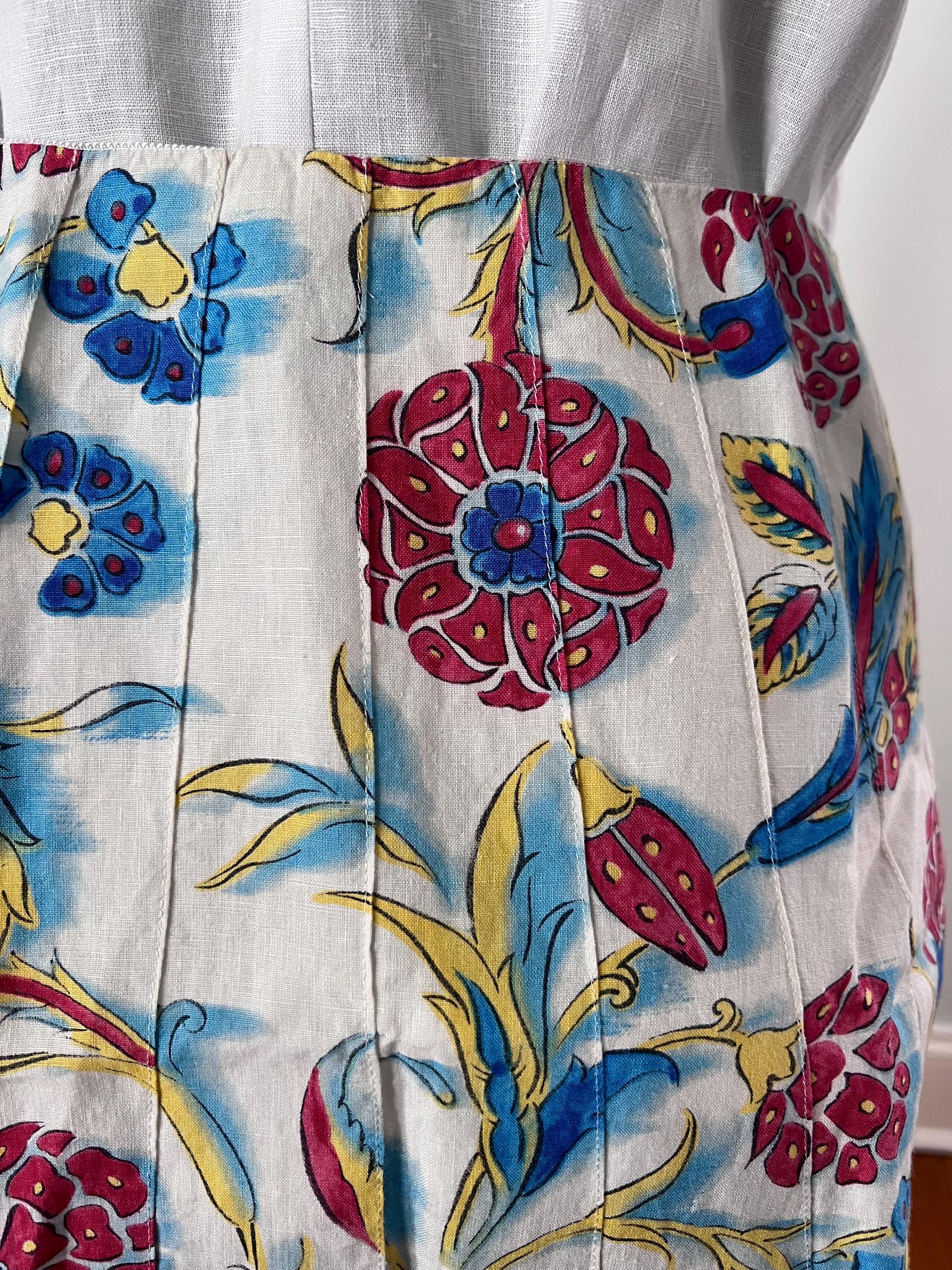Vintage Celine Linen Skirt White Multicolor 100% Linen Paisley