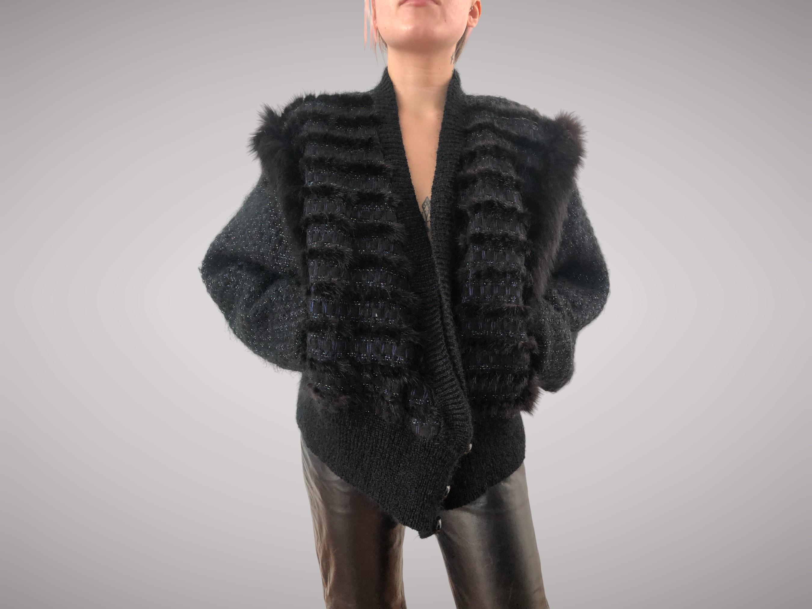 80s Vintage Mohair Bomber, Leather Straps Jacket, Short Metallic