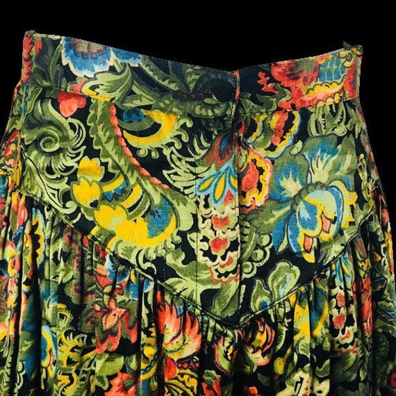 80's Benetton Green Pleated Floral Skirt Vintage … - image 2