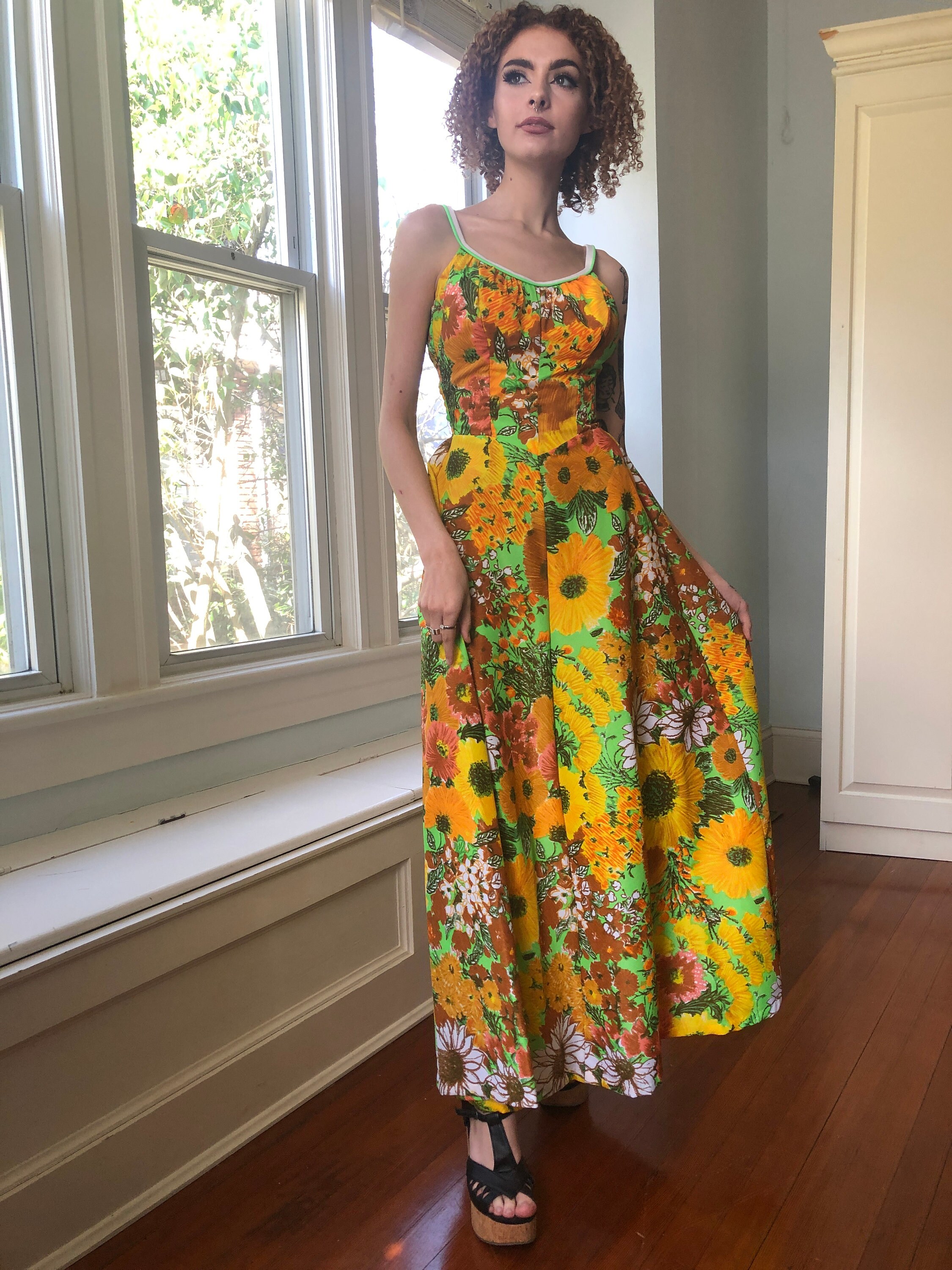 60s Vintage Bullet Bra Maxi Dress in A Warm Floral Print