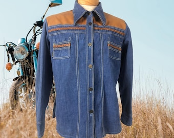 Vintage-Westernhemd aus den 70er Jahren für Herren, Dr. Denim & Mister Hide, Vintage-Westernhemdjacke aus Denim und Leder aus den 1970er Jahren, Unisex, Herrengröße M/L