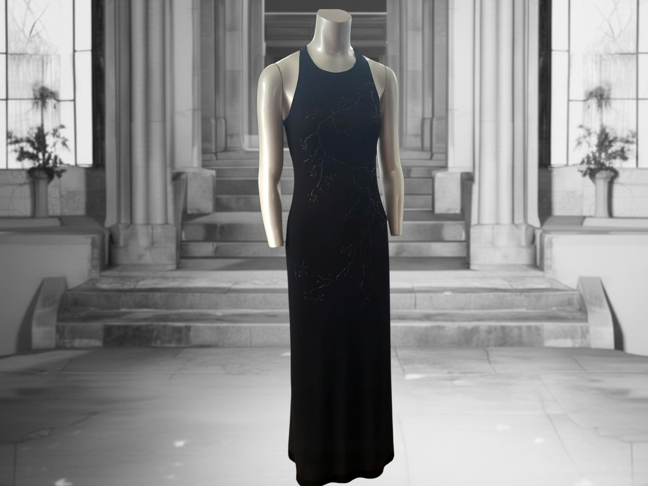 90s Black Mesh Maxi Dress Open Back Minimalist Witchy Gown Laundry Shelli Segal Small 4