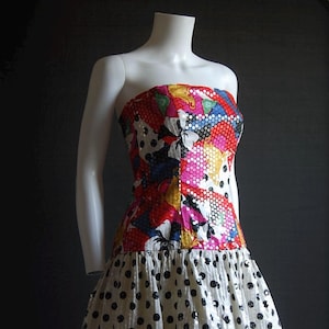 80s Vintage Lillie Rubin Baroque Clear Sequins Strapless Party Dress Bustier Fit & Flare Black And White Dots Fun Geometric Floral Pattern