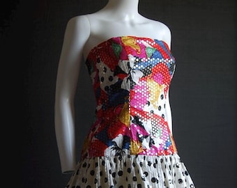 80s Vintage Lillie Rubin Baroque Clear Sequins Strapless Party Dress Bustier Fit & Flare Black And White Dots Fun Geometric Floral Pattern