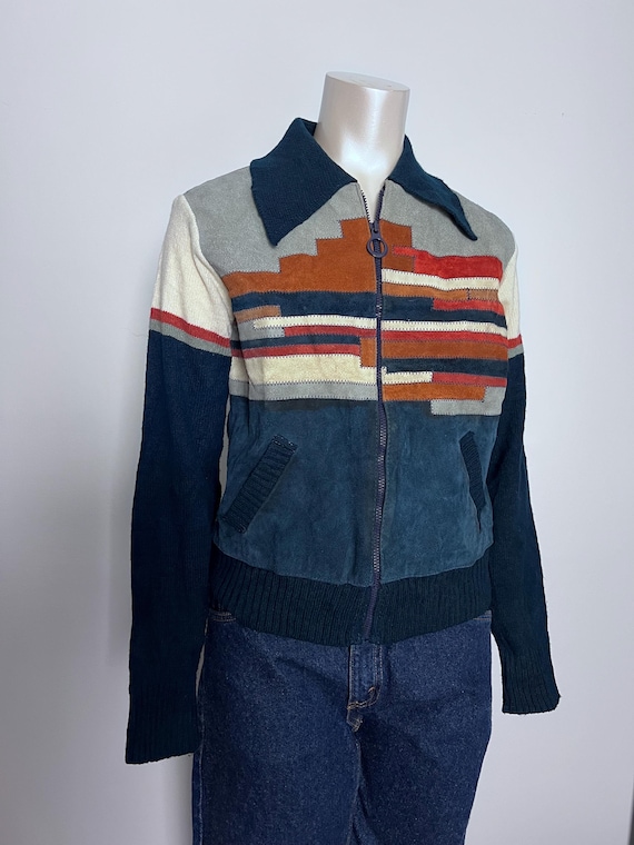 70s Split Suede & Knit Patchwork Jacket Unisex Zi… - image 3