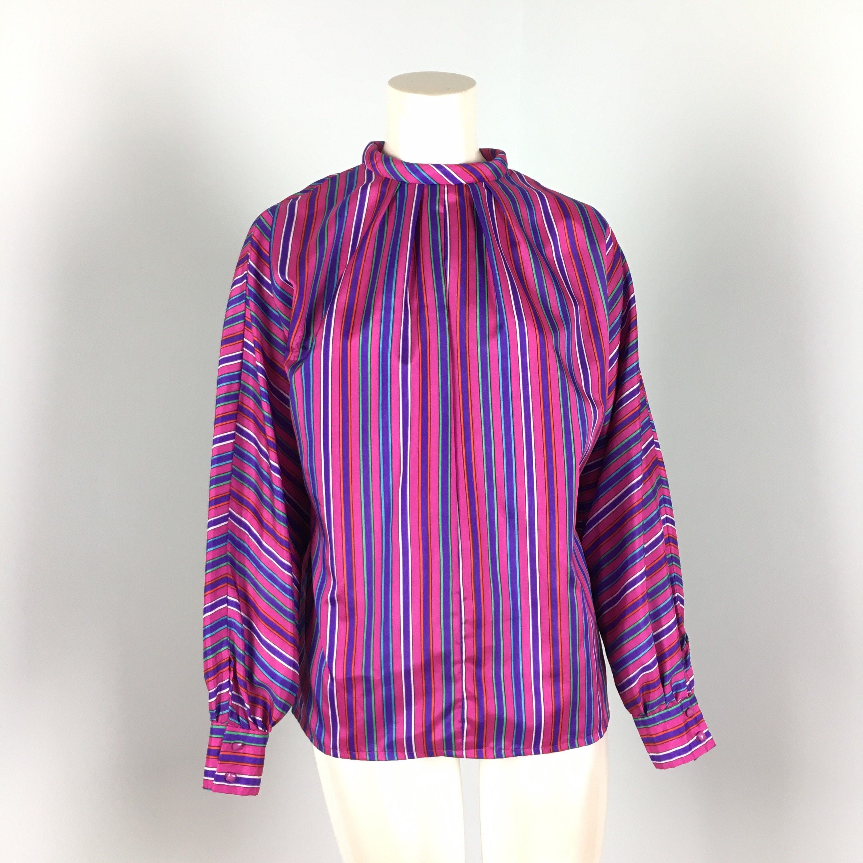 80s Batwing Blouse Striped Multicolor Hot Pink Vintage | Etsy