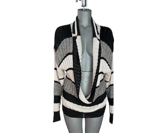 80er Vintage Escada Schwarz & Weiß Leinen Mix Pullover, Gestreifter V-Ausschnitt Colorblock Zopfmuster Pullover