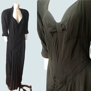 80s Vintage Black Goth Dress Karen Alexander Acetate Floor Length Gothic Dress With 1/2 Sleeves Soutache Embellishment