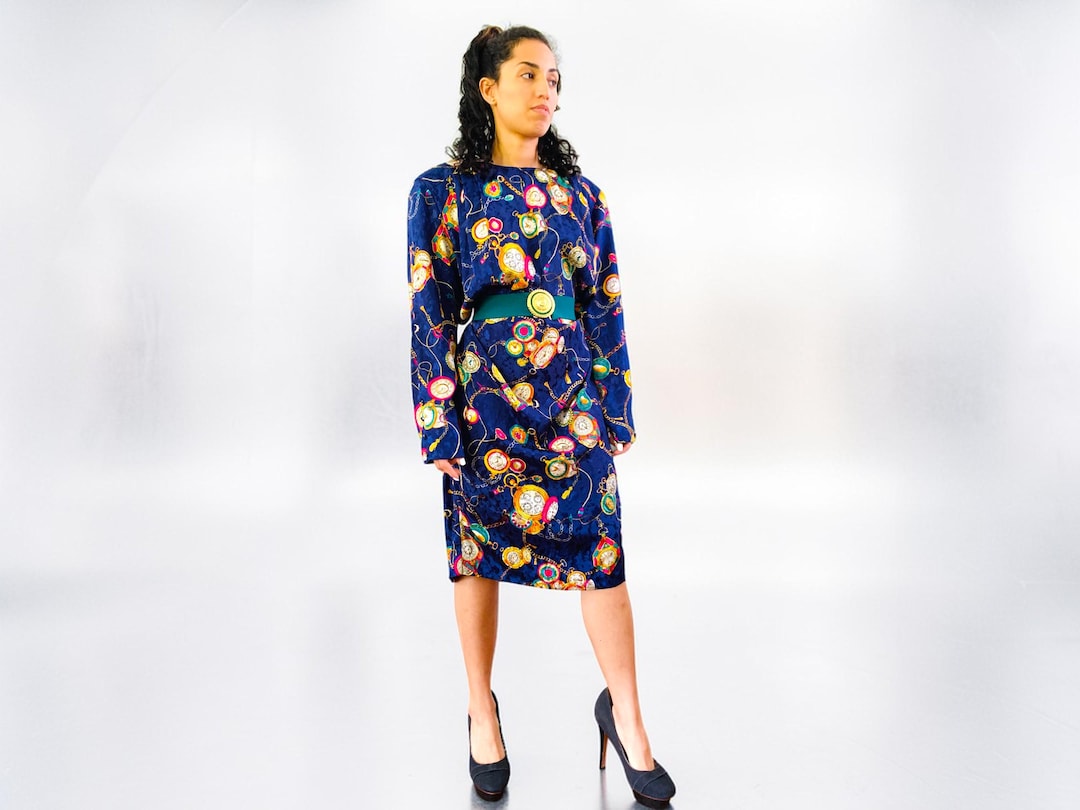 Vintage 80s Clock Print Silky Dress, Abstract Blue Etched Shift Day ...