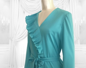 70's Vintage Turquoise Blue Belted Long Sleeves Ruffled Mod Dress Umba For Parnes Feinstein Dead Stock