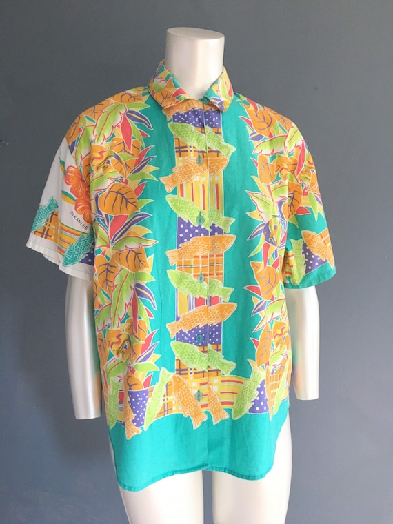 80's Unionbay Tropical Island Print Shirt Vintage… - image 2