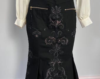 90s Roberto Cavalli Black Zippered Cotton Trumpet Skirt W/ Gold