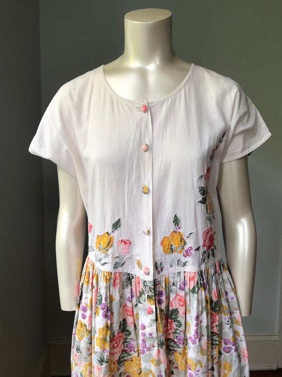 80's 90's Vintage Floral Cotton Dress Short Sleev… - image 3