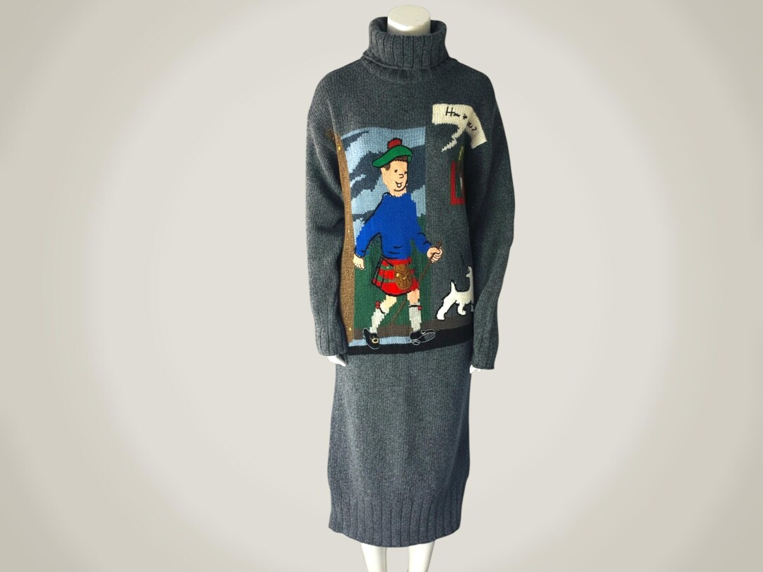 Robe Pull Totem En Laine Lurex De JC De Castelbajac - Taille S, Noir Et Doré - Longueur Genou, Style Vintage