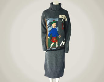 Vestido jersey de punto de lana Iceberg de J.C. de Castelbajac de los 90, vestido de punto gris de cuello alto con estampado de dibujos animados de Tintín y Milú, talla 42.