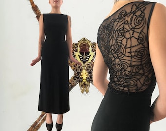 90&#39;s Vintage Max Mara Pianoforte Sparkle Sheer Back Dress Full Length LBD With Spider Web Design 1990&#39;s Italian Designer