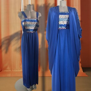 80s Vintage Blue & Silver Shiny Sequins Maxi Disco Dress And Long Batwing Cape Cocoon Jacket 2-Pc Set Sleeveless Column Shape Maxi Two Piece