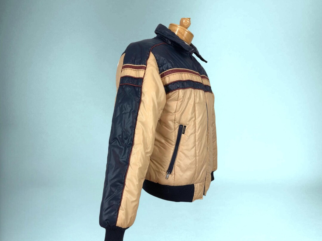 80s Colorblock Puffer Jacket Insulated Bomber Beige & Navy Pearlized ...