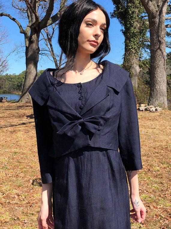 50's 60’s Vintage Navy Blue Short Sleeves Pencil … - image 2