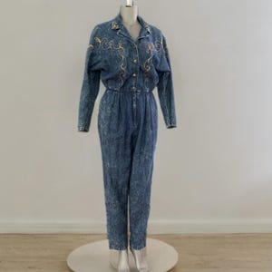 80s Vintage Batwing Acid Wash Denim Jumpsuit W/ Gold Scrolls 1980s Blue Cotton Elastic Waist Boilersuit PG Collections 14 XL