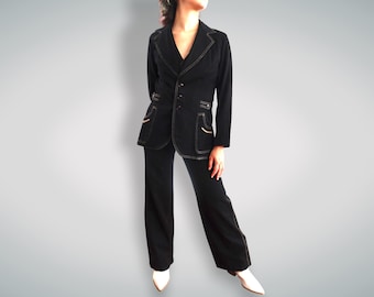 70s Vintage Black Cotton Pant Suit Whip-O-Will Vest, Jacket, High Waist Pants