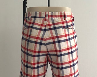 60s Vintage Men's Golf Shorts 1960s High Waist Red & Blue Windowpane Bermuda Chino Shorts Men' 34 36 Waist