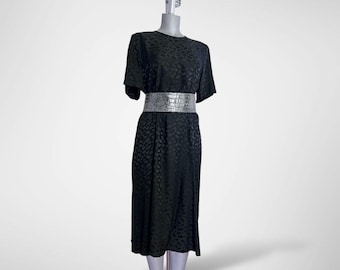 80s Jacquard Silk Dress Animal Print Tonal Pattern Tailored Midi Lenght Large XL