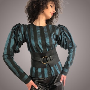 2000&#39;s Vintage Japanese Designer Yoshihiko Ogawa Striped Silk Blend Balloon Sleeves Top Avant Garde Eveningwear Pleated Geometric Shirt