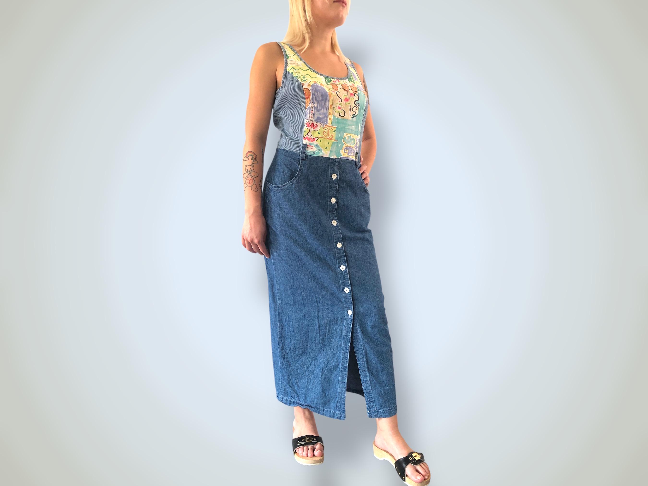 Amazon Denim Maxi Pinafore Dress 90s Vintage PG Collections Denim Maxi  Dress Slit Front Button Down Pastel Print Sleeveless Ginger Bort Medium