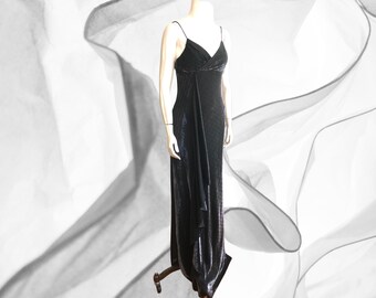 Y2K Vintage Shiny Maxi Liquid Metal Maxi Dress Black & Silver Spaghetti Straps Metallic Empire Waist Gown Micro Texture Sleek Evening Gown