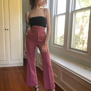 70s Vintage High Waist Polyester Pants Flared Super High Trousers In Dusty Pink 1970s Flare Trousers Pink XS High Waisted Wide Bell Bottoms
