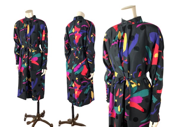 NWT 80's Vintage Black Multicolor Silk Dress Abst… - image 2