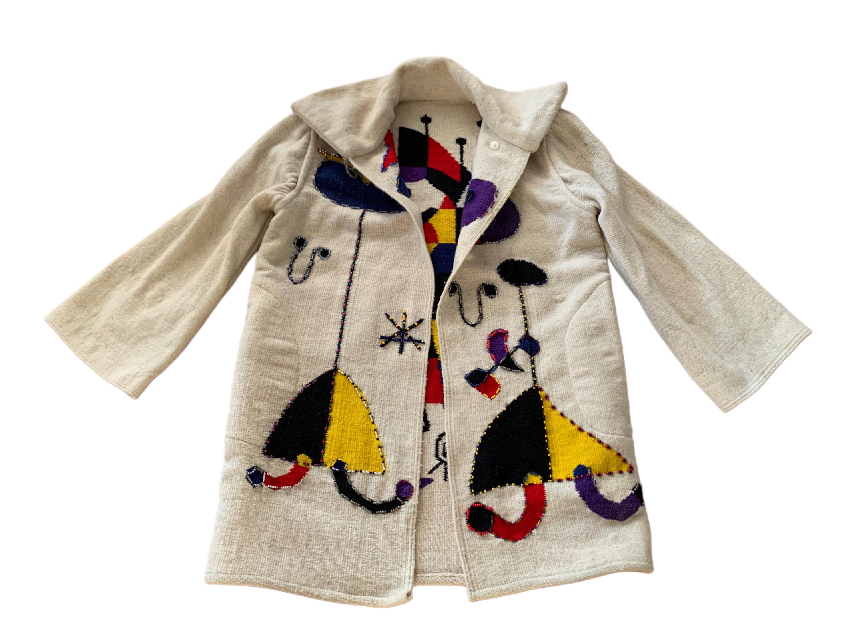 70s Krista Koeppe Wool Coat With Colorful Abstract Artistic Pattern & Beads