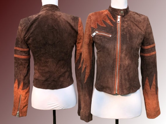 Vintage Brown Suede Patchwork Jacket Orange Detai… - image 2