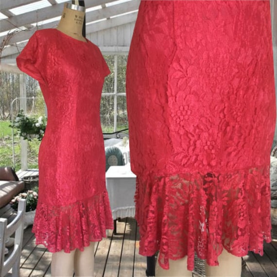 80's Vintage Lace Overlay Sheath Dress Small