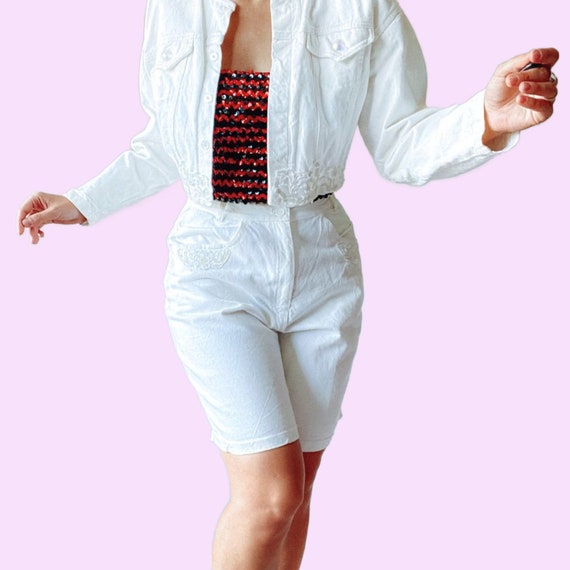 80's Vintage White Sequined Denim Jacket And Shor… - image 6