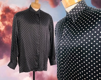 90's Vintage Black & White Silk Polka Dots Print Long Sleeves Top Men's Button Down Shirt